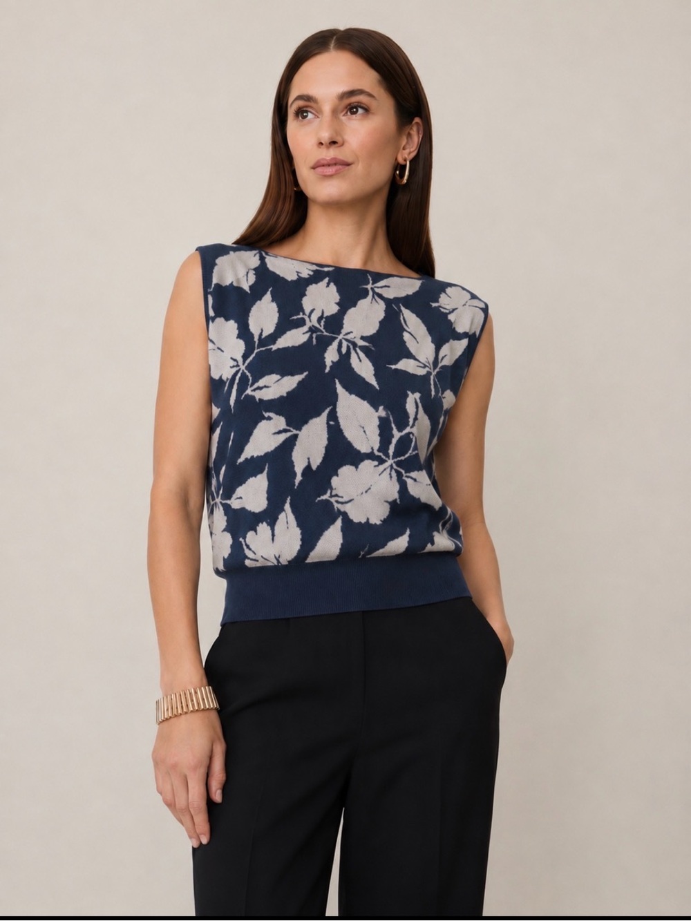 Ann Taylor Navy and Cream Floral Knit Cap-Sleeve Sweater